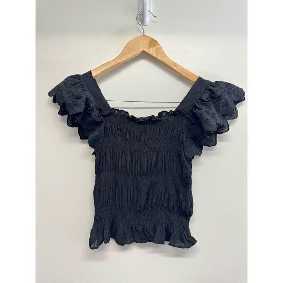 AQUA Eyelet Cropped Top Flutter Sleeve Size Extra Small Black 100% Cotton NWT - Picture 5 of 8